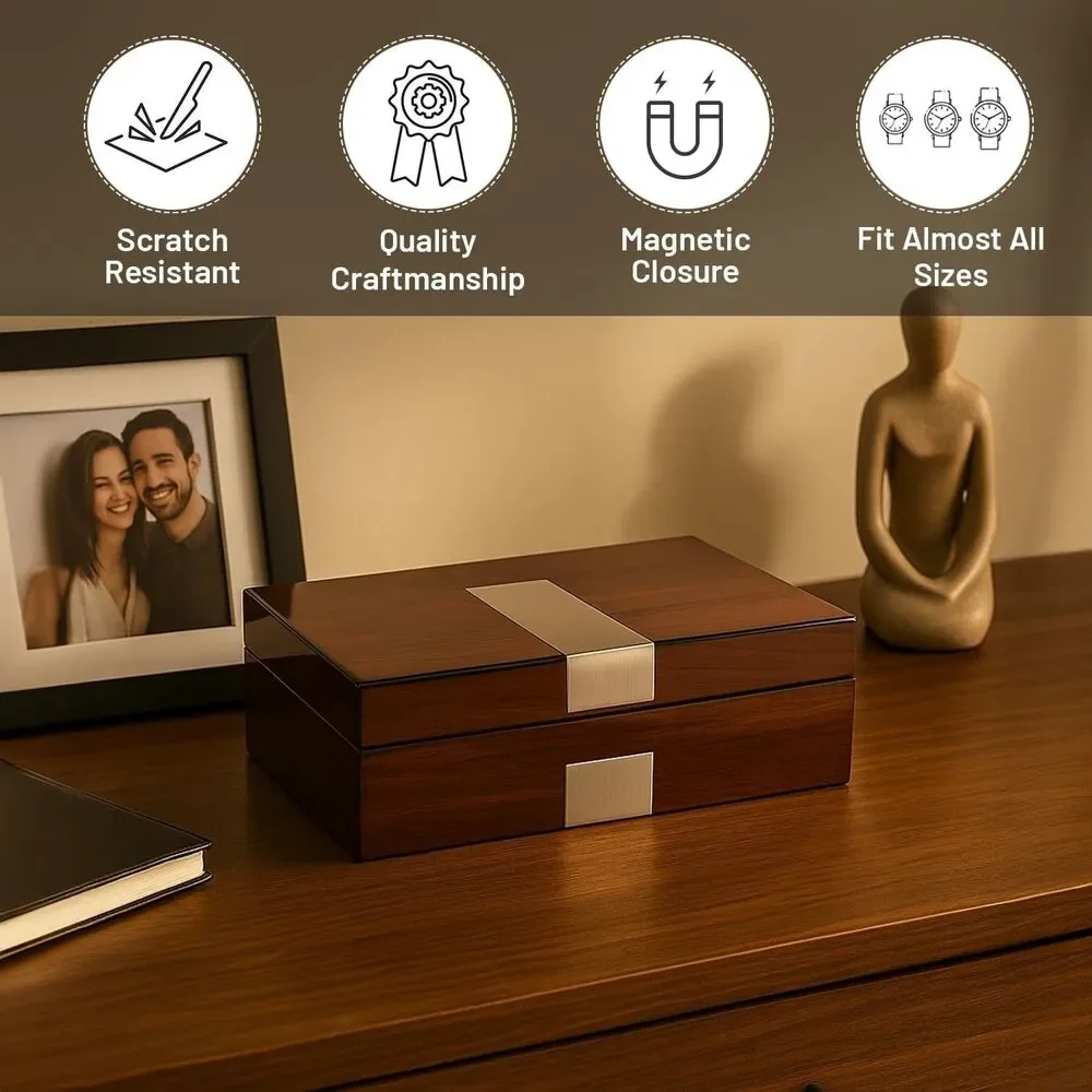 Bey-Berk Lacquered Walnut 8 Slot Watch Box Solid Wood Display Case